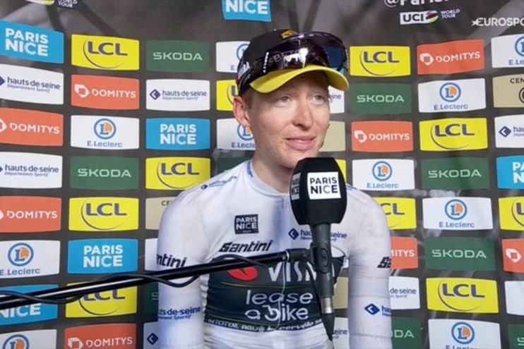 Matteo Jorgenson and his yellow jersey at Paris-Nice; final stage for Evenepoel