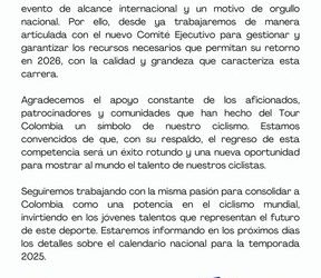 Fedeciclismo confirma cancelación del Tour Colombia 2025
